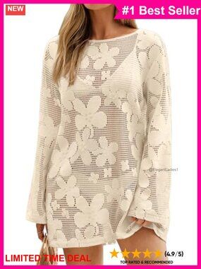 Crochet Swimsuit Coverup Long Sleeve Shift Mini Dress Beach Resort Wear